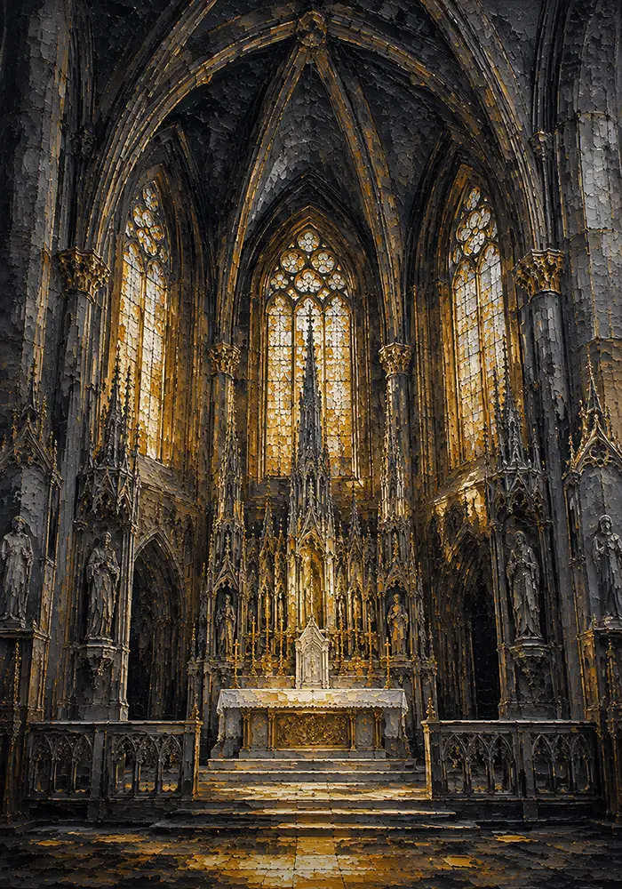 Ember Reliquary Architectural Wall Painting Charcoal & Gold Art Print