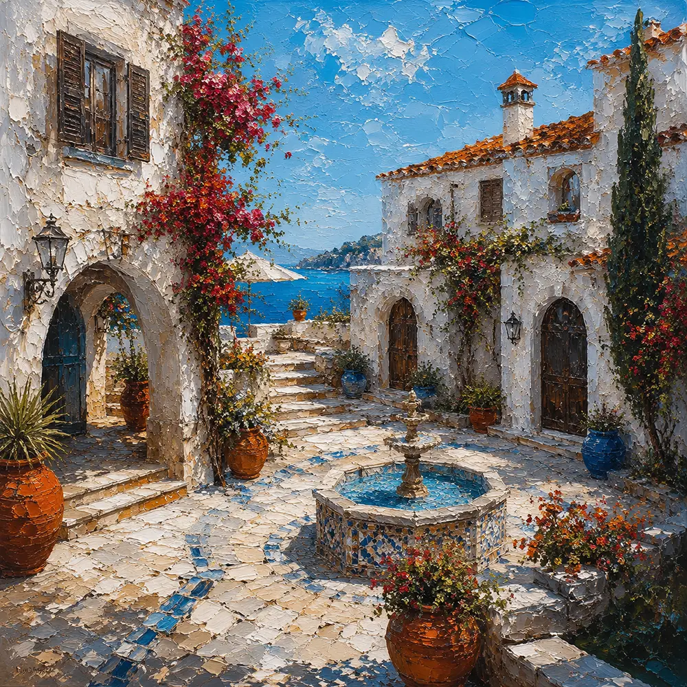 Azure Courtyard Architecture Artwork Arctic Blue & Rust Art Print