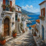 Arctic blue and rust architecture artwork print featuring a Mediterranean harbor lane with whitewashed buildings, coastal water, balconies, and rustic details