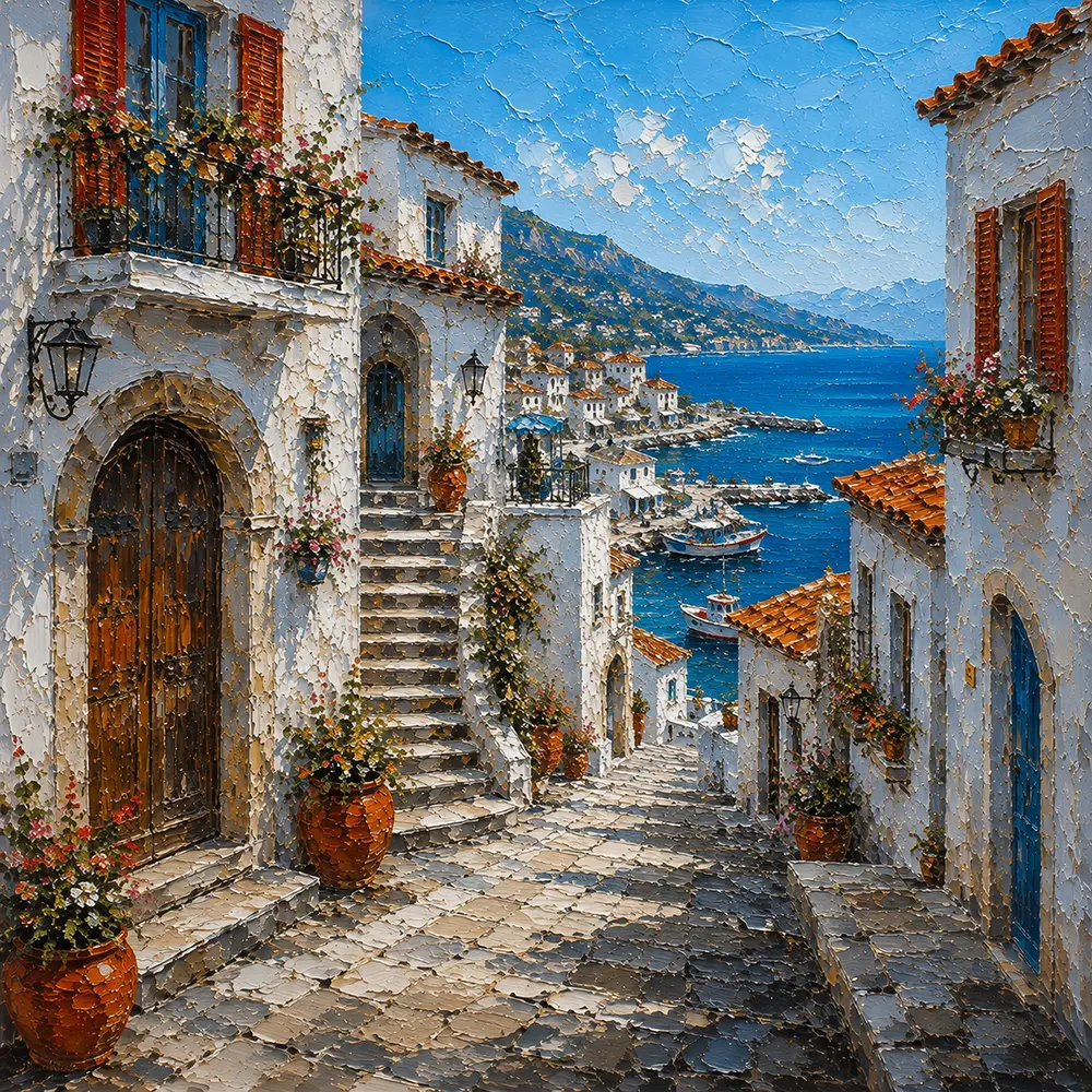 Harbor Passage Architecture Artwork Arctic Blue & Rust Art Print