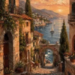 Clay and moss architectural prints featuring a Mediterranean harbor street with cypress trees, stone buildings, terracotta roofs, and coastal waters
