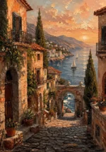 Clay and moss architectural prints featuring a Mediterranean harbor street with cypress trees, stone buildings, terracotta roofs, and coastal waters