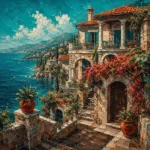 Petrol and rust architecture art prints featuring a Mediterranean hillside villa with terraces, arches, coastal views, and elegant architectural details.