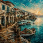 Petrol and rust architecture art prints featuring a Mediterranean fishing harbor with whitewashed buildings, arched arcades, marina views, and coastal architectural details.
