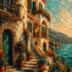 Salmon and teal building wall art featuring a Mediterranean coastal villa with whitewashed arches, terraces, flowering balconies, and elegant architectural details.