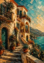 Salmon and teal building wall art featuring a Mediterranean coastal villa with whitewashed arches, terraces, flowering balconies, and elegant architectural details.