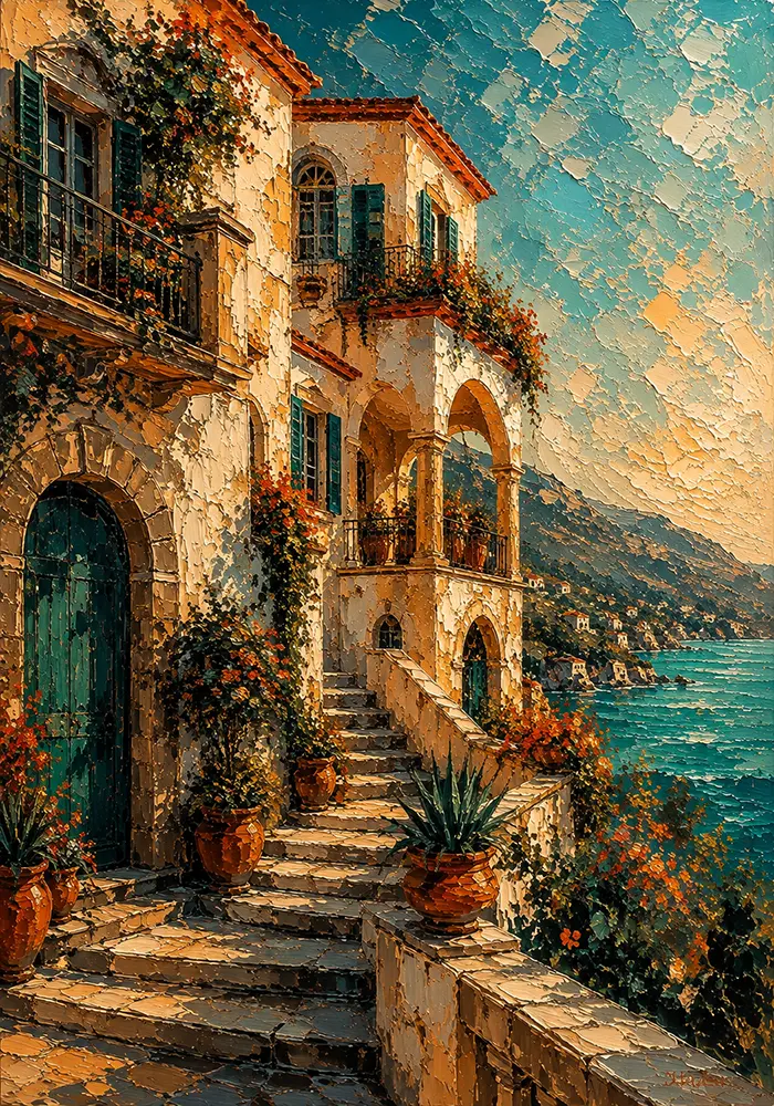 Coral Facade Building Wall Art Salmon & Teal Art Print