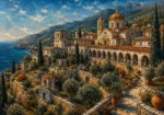 Sapphire and copper architecture canvas art featuring a Mediterranean monastery with cloisters, limestone buildings, domes, terraced gardens, and hillside pathways.