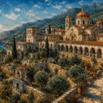 Sapphire and copper architecture canvas art featuring a Mediterranean monastery with cloisters, limestone buildings, domes, terraced gardens, and hillside pathways.