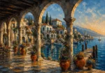 Sapphire and copper architecture canvas art featuring a Mediterranean harbor colonnade with stone arches, villas, docks, terraces, and coastal reflections.