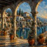 Sapphire and copper architecture canvas art featuring a Mediterranean harbor colonnade with stone arches, villas, docks, terraces, and coastal reflections.