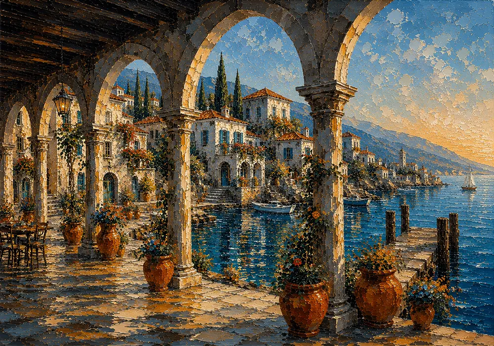 Harbor Colonnade Architecture Canvas Art Sapphire & Copper Art Print