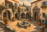 Apricot modern architectural canvas wall art featuring a Mediterranean courtyard with arches, whitewashed villas, terracotta urns, fountain, and warm stone details.
