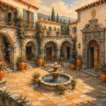 Apricot modern architectural canvas wall art featuring a Mediterranean courtyard with arches, whitewashed villas, terracotta urns, fountain, and warm stone details.