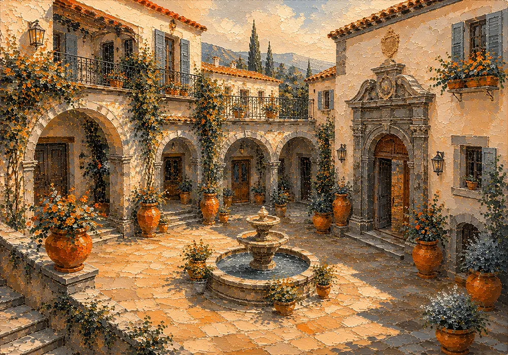 Apricot Courtyard Architectural Canvas Wall Art Apricot Modern Art Print