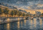 Dusty blue gallery framed architectural prints featuring a Parisian riverside promenade with mansard roofs, bridges, balconies, trees, and reflective water.