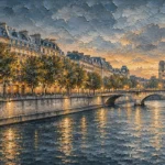 Dusty blue gallery framed architectural prints featuring a Parisian riverside promenade with mansard roofs, bridges, balconies, trees, and reflective water.