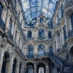 Silver & Cobalt vintage architectural prints featuring a grand Parisian glass-roofed courtyard with ornate stone architecture and elegant skylight