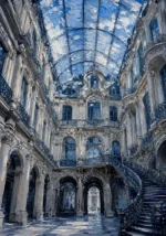 Silver & Cobalt vintage architectural prints featuring a grand Parisian glass-roofed courtyard with ornate stone architecture and elegant skylight