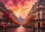 Rose & Copper french architectural prints featuring a grand Parisian boulevard with Haussmann façades, wrought-iron balconies, and tree-lined streets for elegant interiors
