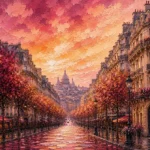 Rose & Copper french architectural prints featuring a grand Parisian boulevard with Haussmann façades, wrought-iron balconies, and tree-lined streets for elegant interiors