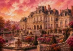 Rose & Copper french architectural prints featuring a château-inspired Parisian residence with formal gardens, stone balustrades, and grand staircases for elegant interiors