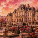 Rose & Copper french architectural prints featuring a château-inspired Parisian residence with formal gardens, stone balustrades, and grand staircases for elegant interiors