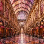 Rose & Copper french architectural prints featuring a historic French shopping arcade with glass vaults, cast-iron columns, and marble walkways for elegant interiors