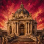 Merlot & Antique Gold framed architectural wall art featuring a grand Parisian civic pavilion with Corinthian columns, a domed roof, and ornate stone staircases for elegant interiors