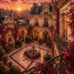 Merlot & Antique Gold framed architectural wall art featuring a historic Parisian courtyard with French windows, wrought-iron balconies, fountains, and climbing vines for elegant interiors