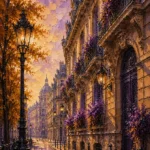 Mustard & Plum vintage architecture posters featuring a historic Parisian boulevard with ornate balconies, limestone façades, and classic gas lanterns for elegant interiors