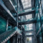 Slate & Teal architectural posters featuring a contemporary glass atrium with floating staircases and suspended walkways for modern interiors