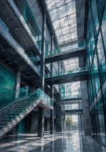 Slate & Teal architectural posters featuring a contemporary glass atrium with floating staircases and suspended walkways for modern interiors