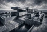 Graphite Museum black and white architectural photography featuring a modern civic complex with sculptural concrete forms and reflecting pools for elegant interiors