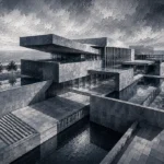 Graphite Museum black and white architectural photography featuring a modern civic complex with sculptural concrete forms and reflecting pools for elegant interiors