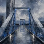 Silver & Cobalt black and white architectural prints featuring a futuristic pedestrian bridge with steel trusses and glass balustrades for contemporary interiors