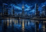 Prussian Night empire state building wall art featuring reflective skyline, waterfront, and illuminated architecture for elegant interiors