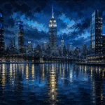 Prussian Night empire state building wall art featuring reflective skyline, waterfront, and illuminated architecture for elegant interiors