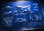 Cobalt Editorial architectural blueprint artwork featuring contemporary pavilion plans and geometric drafting details for elegant interiors