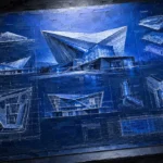Cobalt Editorial architectural blueprint artwork featuring contemporary pavilion plans and geometric drafting details for elegant interiors