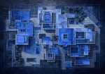 Cobalt Editorial architectural blueprint artwork featuring contemporary museum floor plans and geometric drafting details for elegant interiors