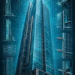 Cyan & Graphite architecture blueprint posters featuring a contemporary skyscraper with refined drafting details for sophisticated interiors