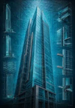 Cyan & Graphite architecture blueprint posters featuring a contemporary skyscraper with refined drafting details for sophisticated interiors