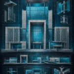 Cyan & Graphite architecture blueprint posters featuring a modern museum façade with precise drafting geometry for elegant interiors