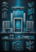 Cyan & Graphite architecture blueprint posters featuring a modern museum façade with precise drafting geometry for elegant interiors