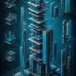 Cyan & Graphite architecture blueprint posters featuring an exploded conceptual tower and engineering blueprint geometry for elegant interiors