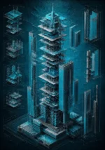 Cyan & Graphite architecture blueprint posters featuring an exploded conceptual tower and engineering blueprint geometry for elegant interiors
