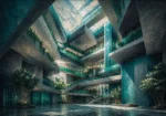Deep Teal Editorial modern architecture prints featuring a contemporary atrium with geometric balconies and cascading natural light for elegant interiors