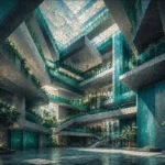 Deep Teal Editorial modern architecture prints featuring a contemporary atrium with geometric balconies and cascading natural light for elegant interiors
