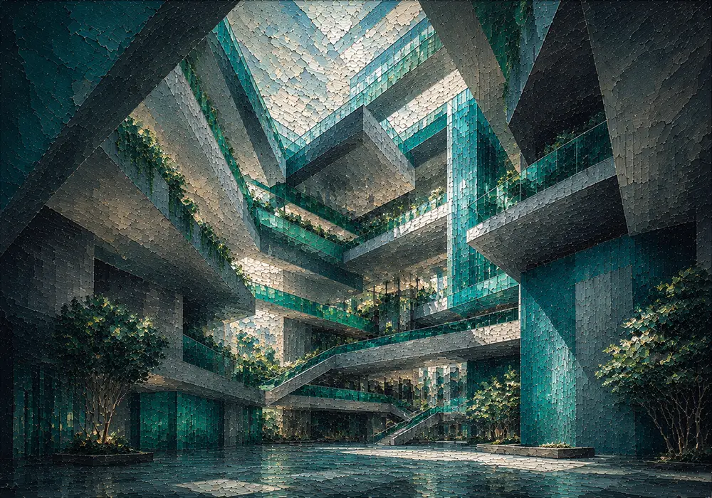 Atrium Cascade Modern Architecture Prints Deep Teal Editorial Art Print